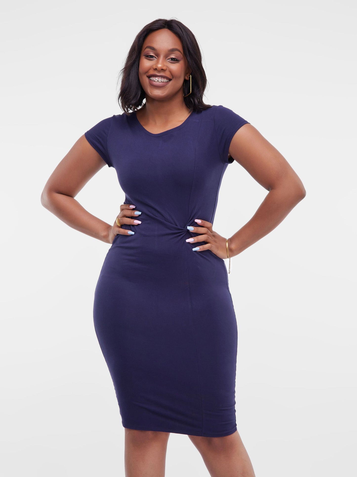 Vivo Basic Cap Sleeved Starknot Bodycon Dress - Navy Blue