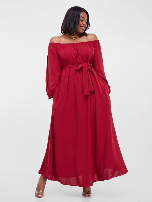 Vivo Dayo Off-Shoulder Slit Maxi Dress - Dark Red