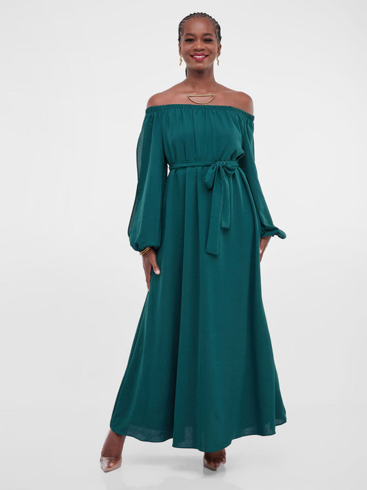 Vivo Dayo Off-Shoulder Slit Maxi Dress - Dark Green