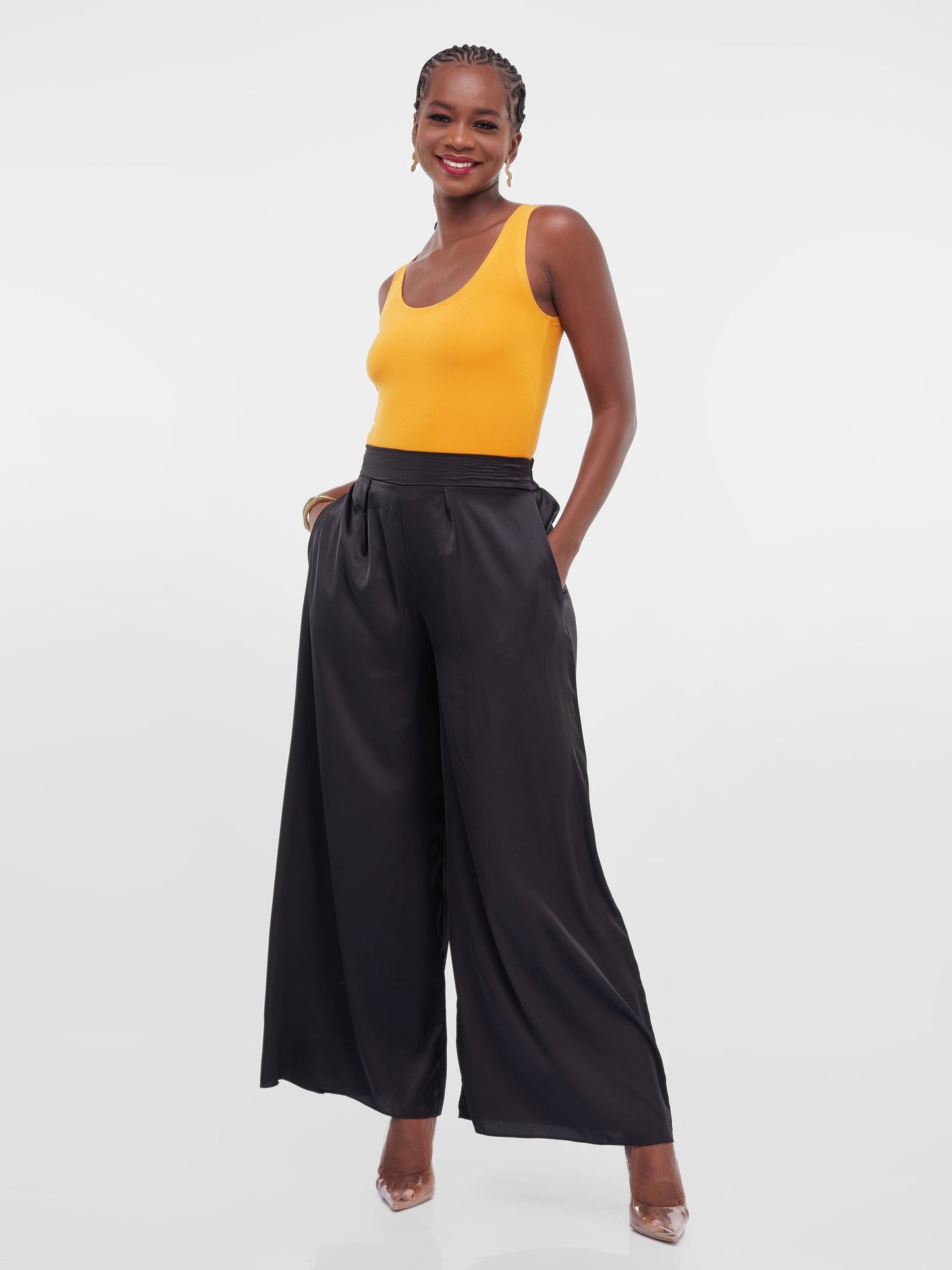 Vivo Thando Wide Leg Satin Pants -  Black