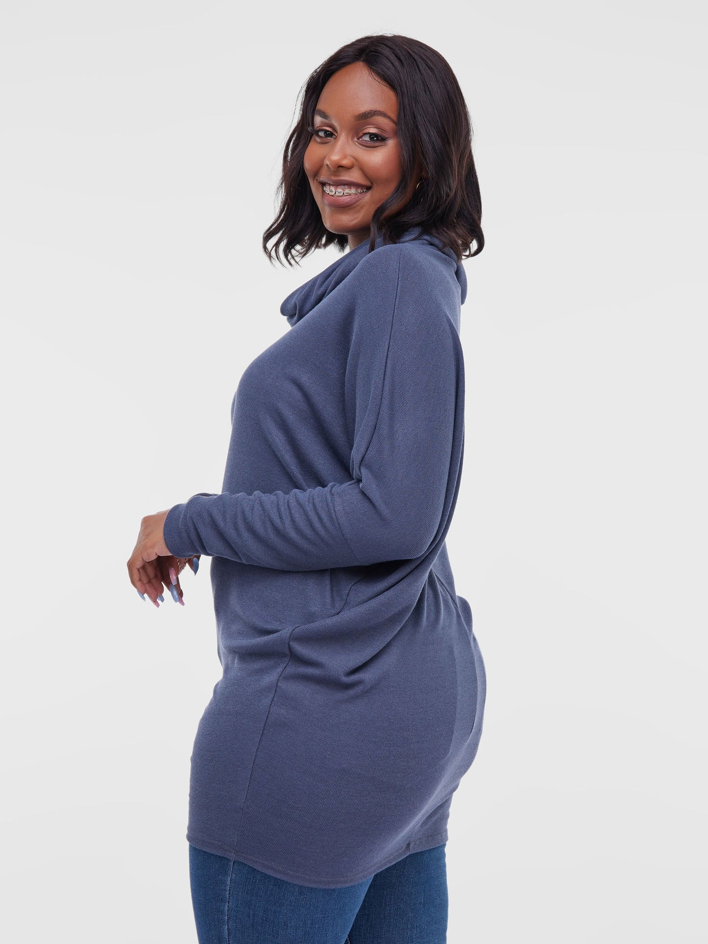 Vivo Basic Nala Dolman Cowl Sweater Top - Navy Blue