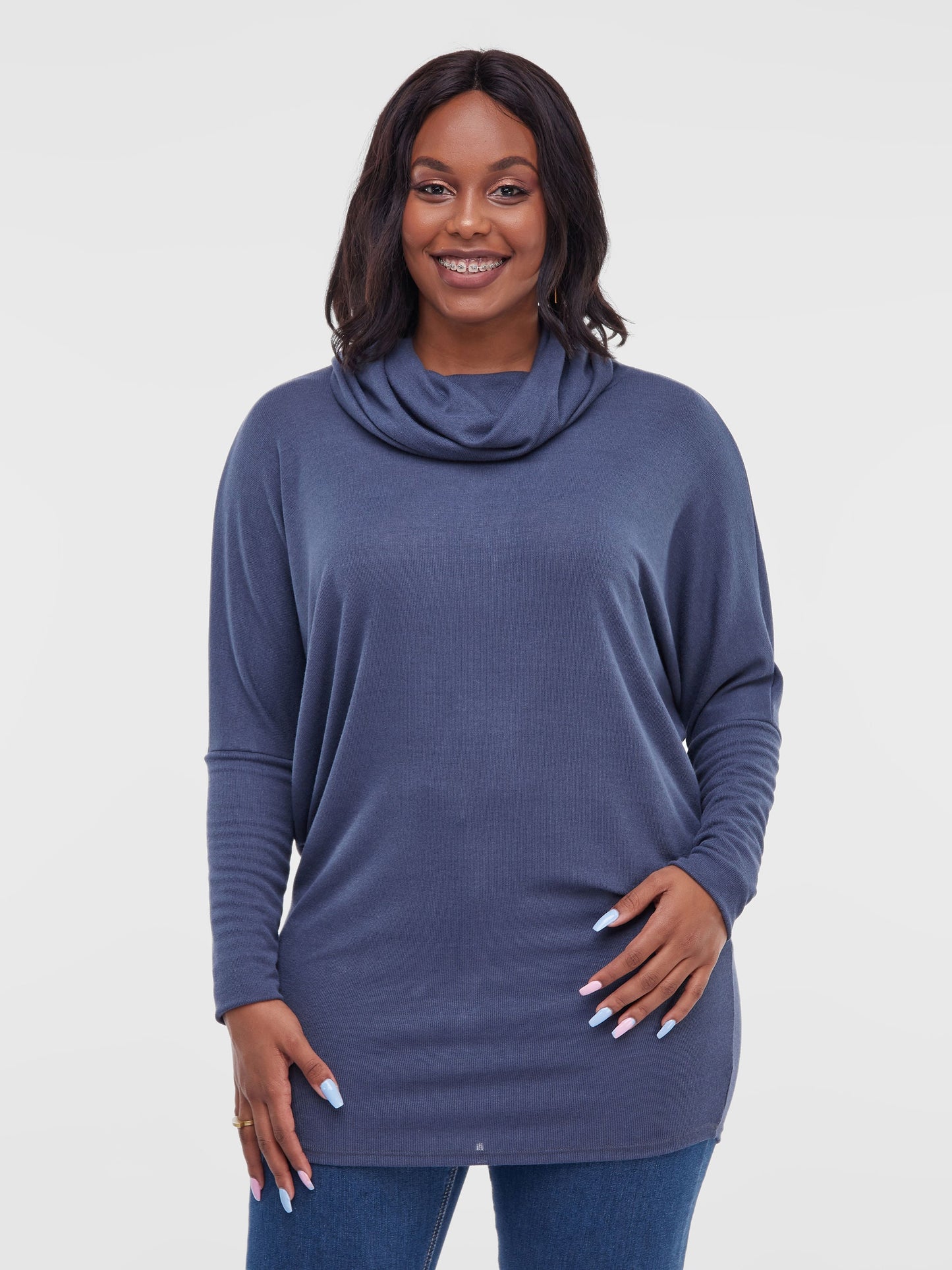 Vivo Basic Nala Dolman Cowl Sweater Top - Navy Blue