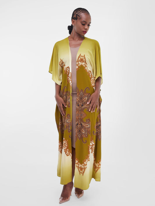 Safari Maisha Maxi Kimono Cover-Up - Olive Green / Brown Print