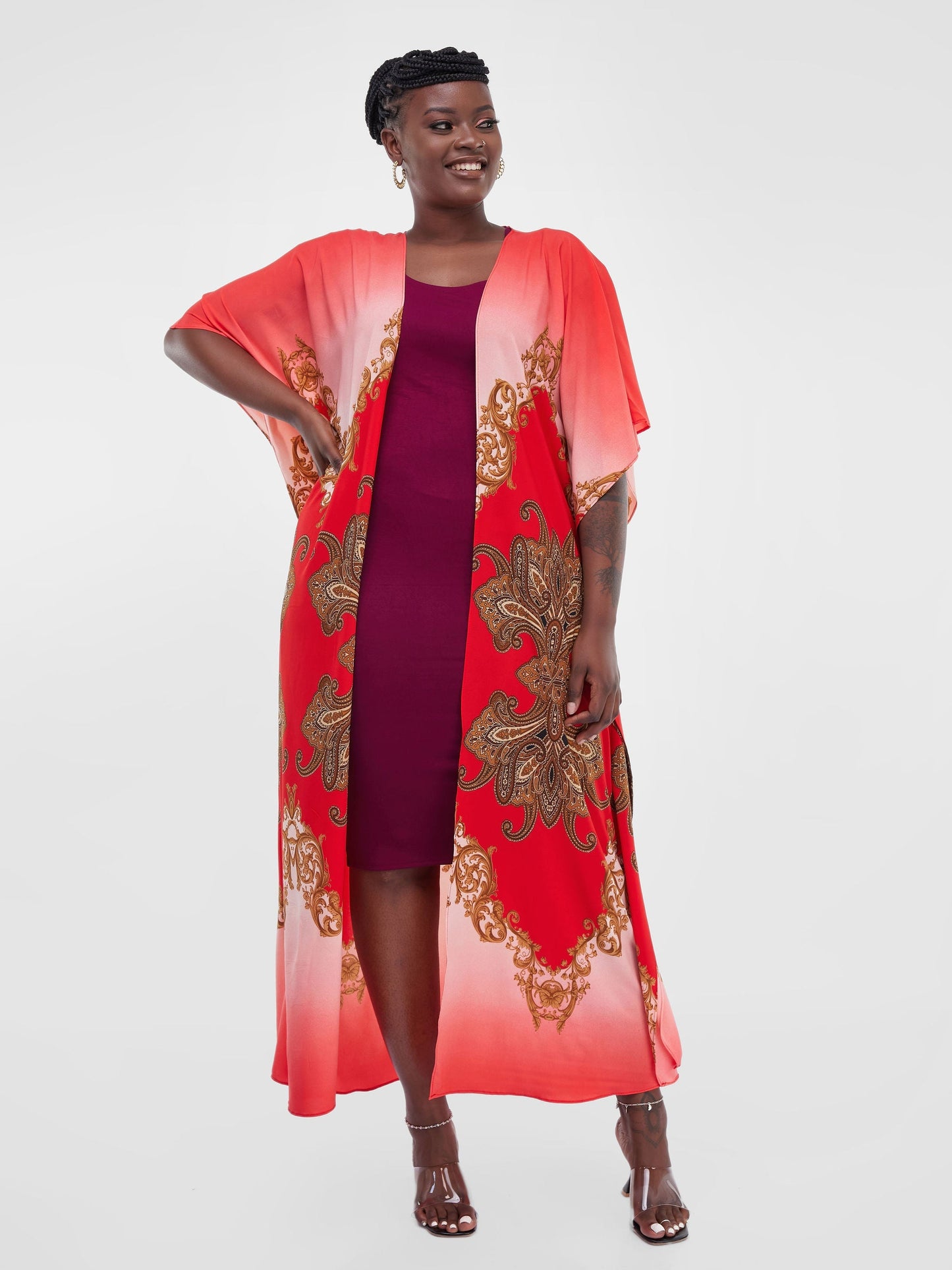 Safari Maisha Maxi Kimono Cover-Up - Red / Brown Print