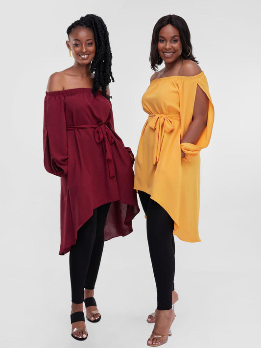 Vivo Dayo Off Shoulder Split Sleeve Hi-Low Top - Maroon