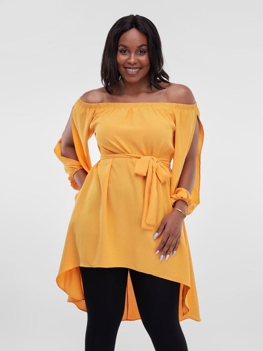 Vivo Dayo Off Shoulder Split Sleeve Hi-Low Top - Mustard