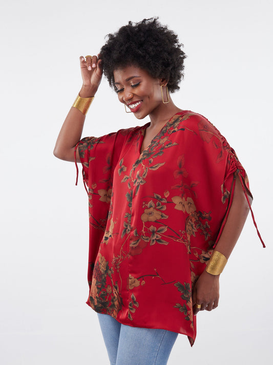 Vivo Jamila Dolman Drawstring Tunic Top - Red / Brown Floral Print