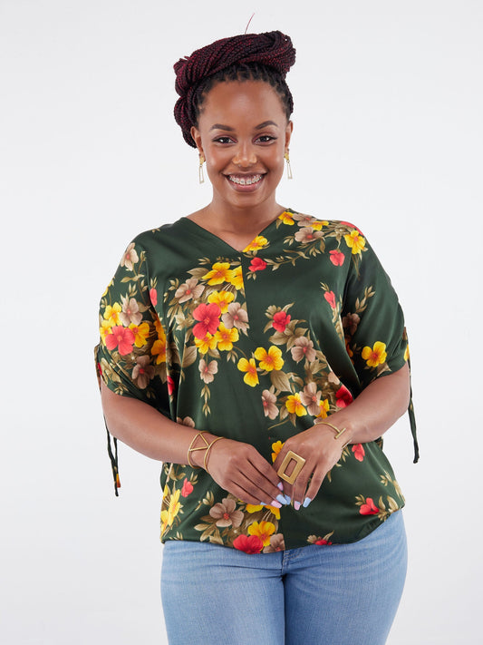 Vivo Jamila Dolman Drawstring Tunic Top - Dark Green Floral Print