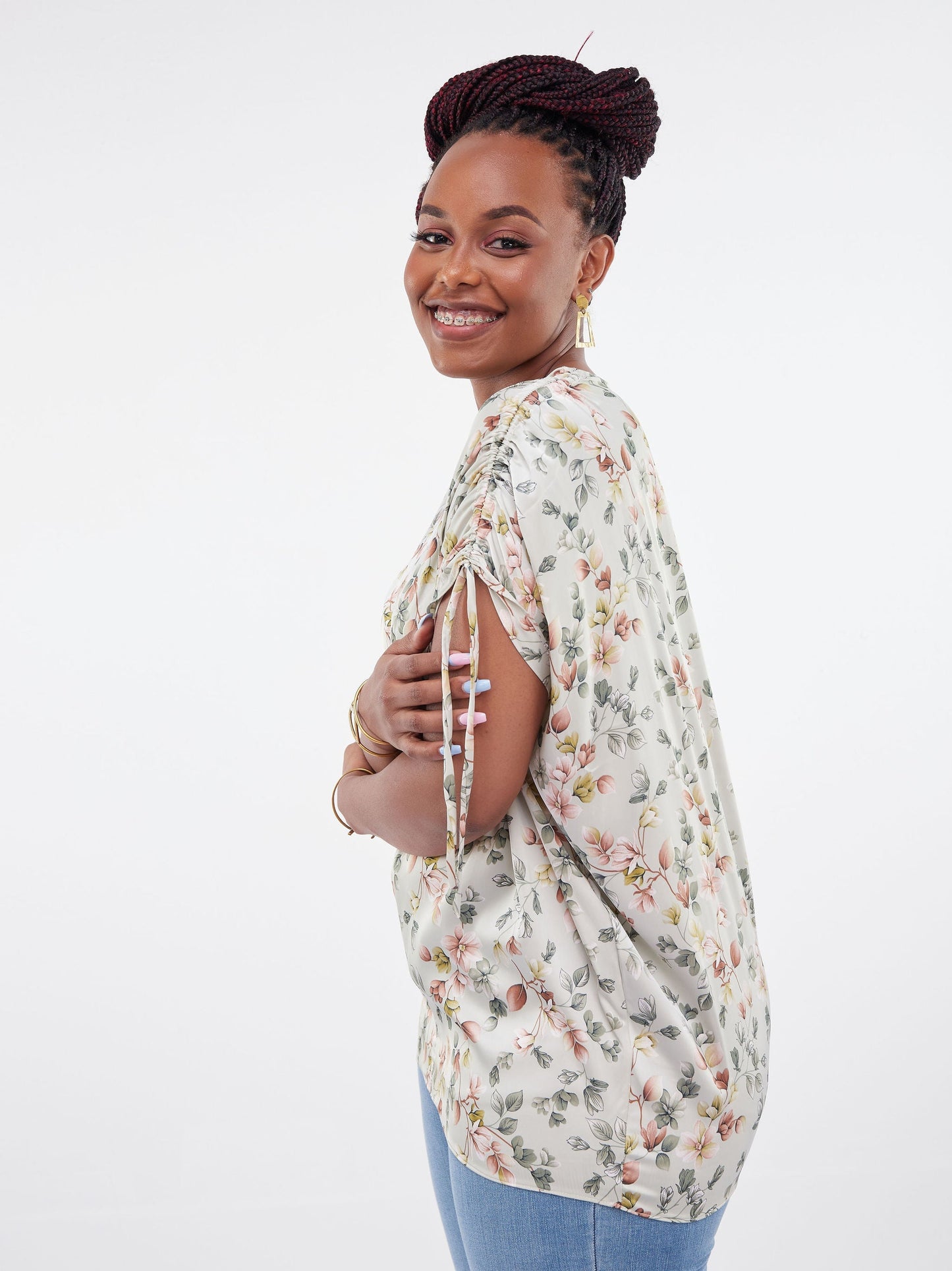 Vivo Jamila Dolman Drawstring Tunic Top - Green / Burgundy  Print