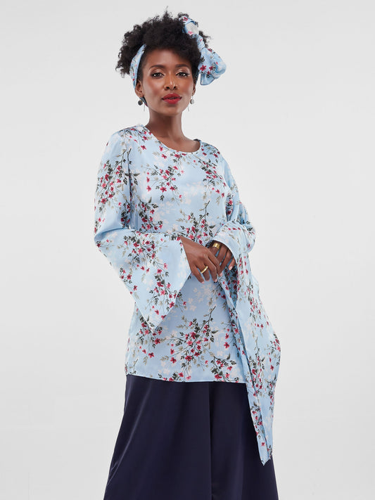 Vivo Jamila Side Drape Top - Blue Floral Print
