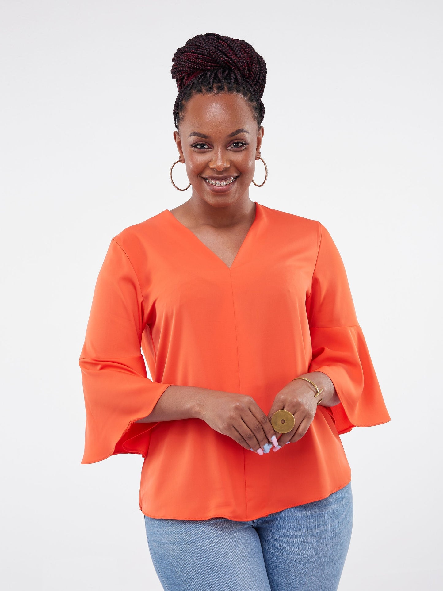 Vivo Jamila V-Neck Flounce Sleeve Top - Orange