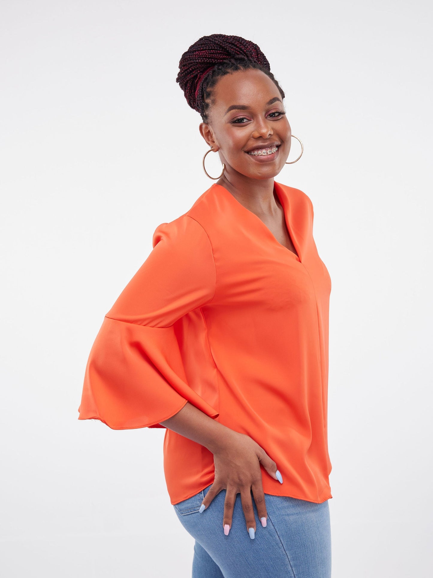 Vivo Jamila V-Neck Flounce Sleeve Top - Orange