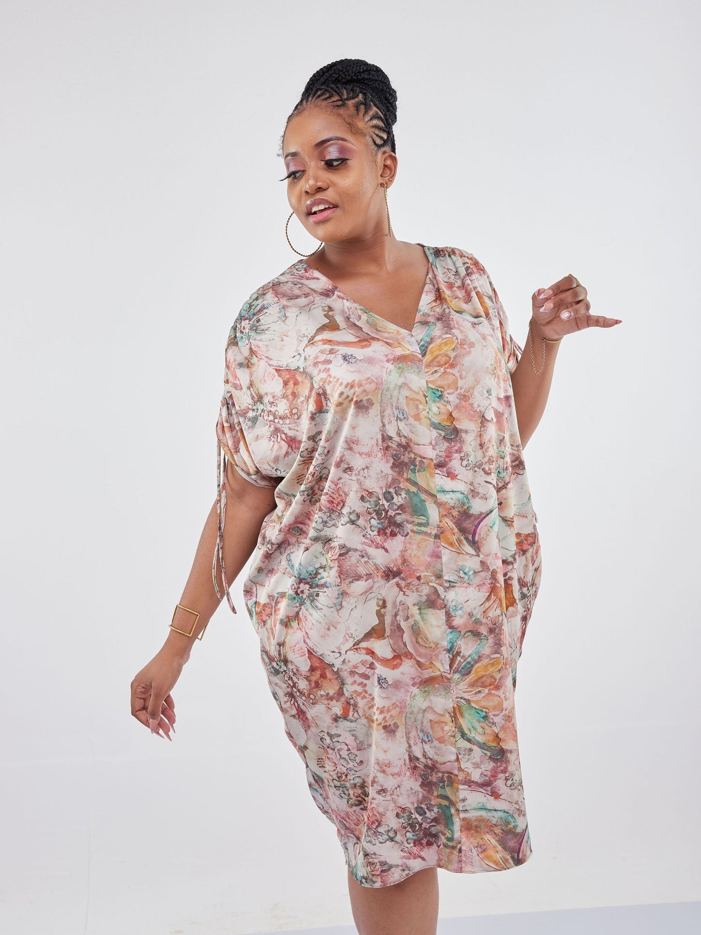 Vivo Jamila Drawstring Knee Length Dress - Mustard Paint Splash Print