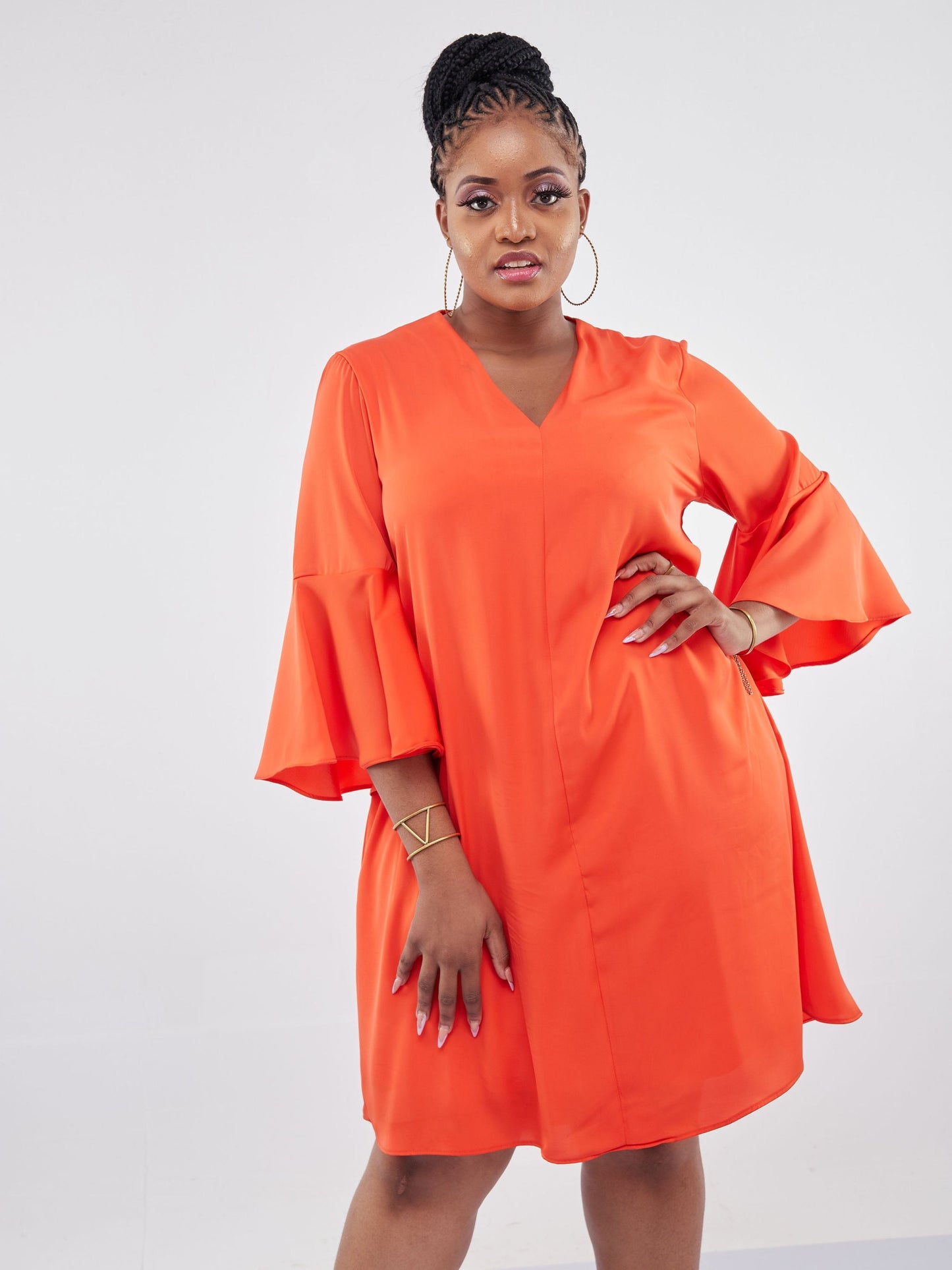 Vivo Jamila V-Neck Knee Length Tent Flounce Dress - Orange