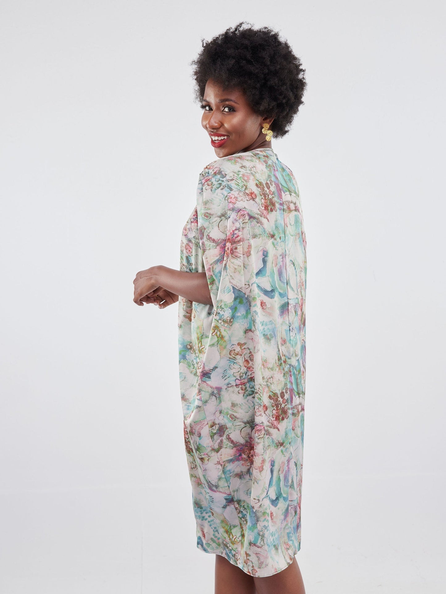 Vivo Jamila Drawstring Knee Length Dress - Green Paint Splash Print