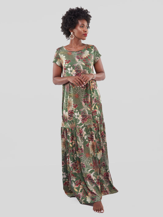 Vivo Jamila 1 Tier Maxi Dress - Green Floral Print