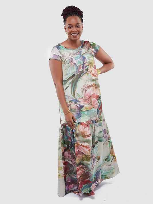 Vivo Jamila 1 Tier Maxi Dress - Green / Purple Leaf Print
