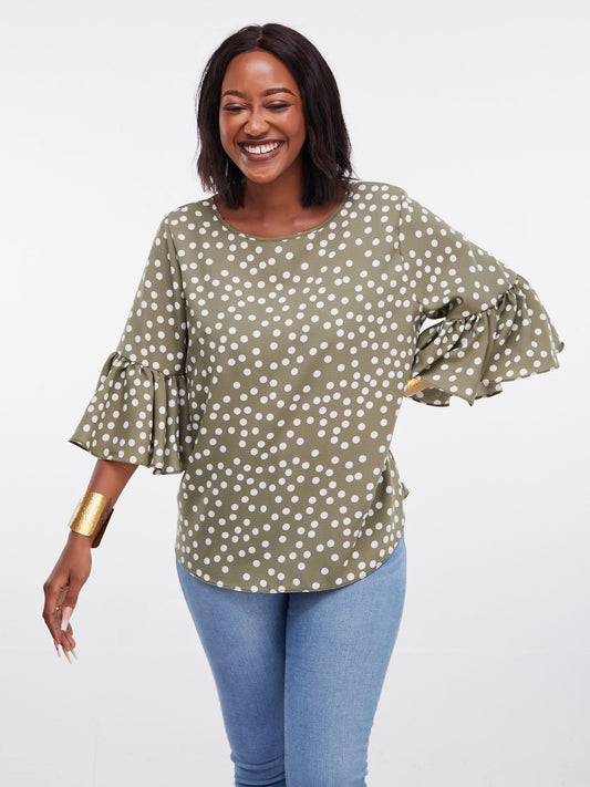 Vivo Dalia 3/4 Flounce Sleeve Top - Hunters Green Polka Dot Print