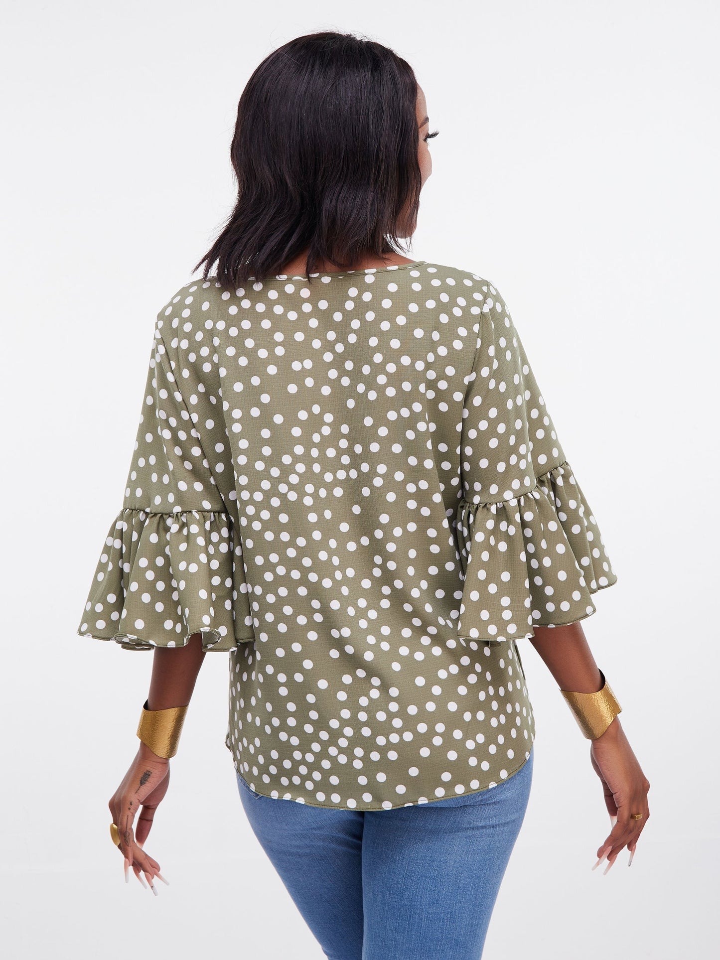 Vivo Dalia 3/4 Flounce Sleeve Top - Hunters Green Polka Dot Print