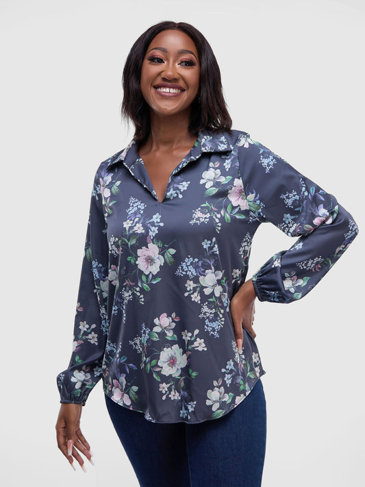 Vivo Zuri Long Sleeved Blouse - Navy Blue Floral Print