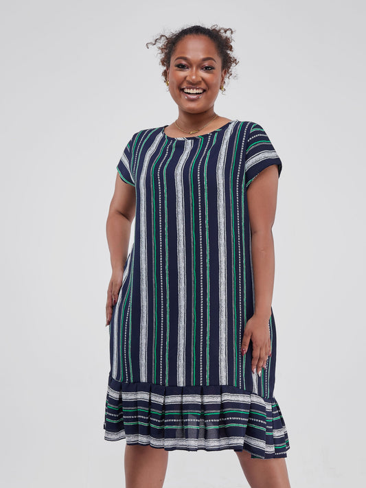 Vivo Zawadi Inverted Pleat Dress - Navy Blue / Green Stripes Print