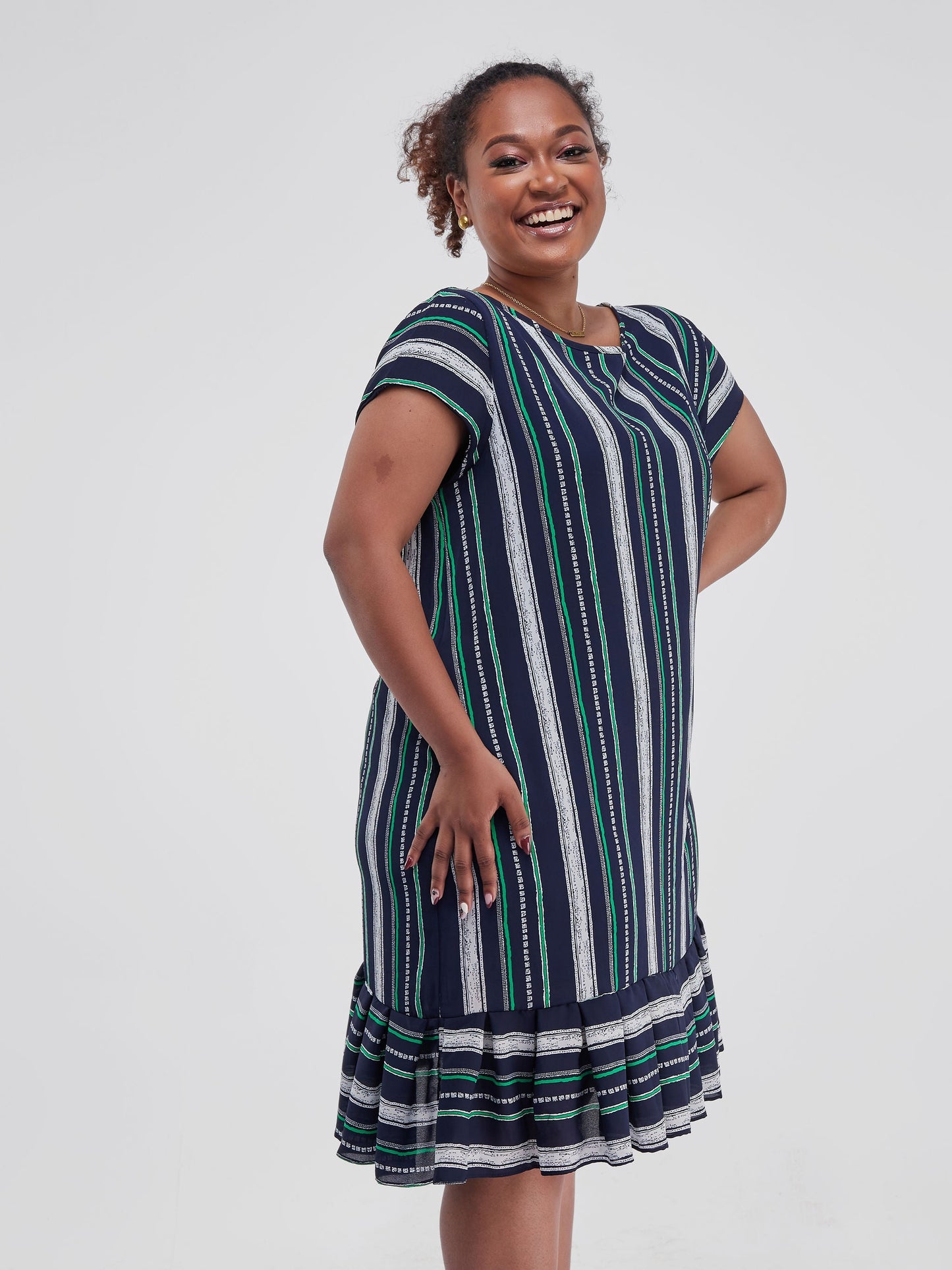 Vivo Zawadi Inverted Pleat Dress - Navy Blue / Green Stripes Print