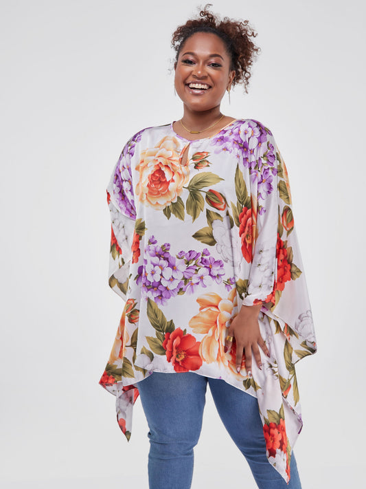 Vivo Sierra Tunic Kaftan Top - White / Purple Print