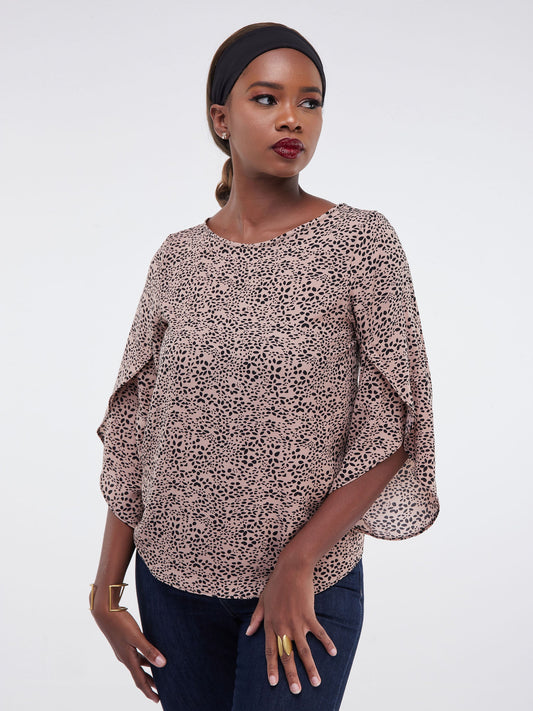Vivo Lalea 3/4 Sleeve Top - Brown Leaf Print