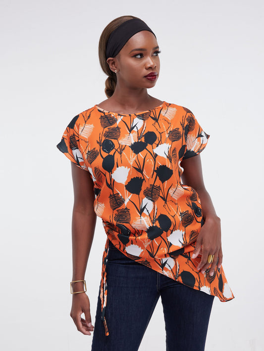 Vivo Lalea Drawstring Top - Orange / Black Print
