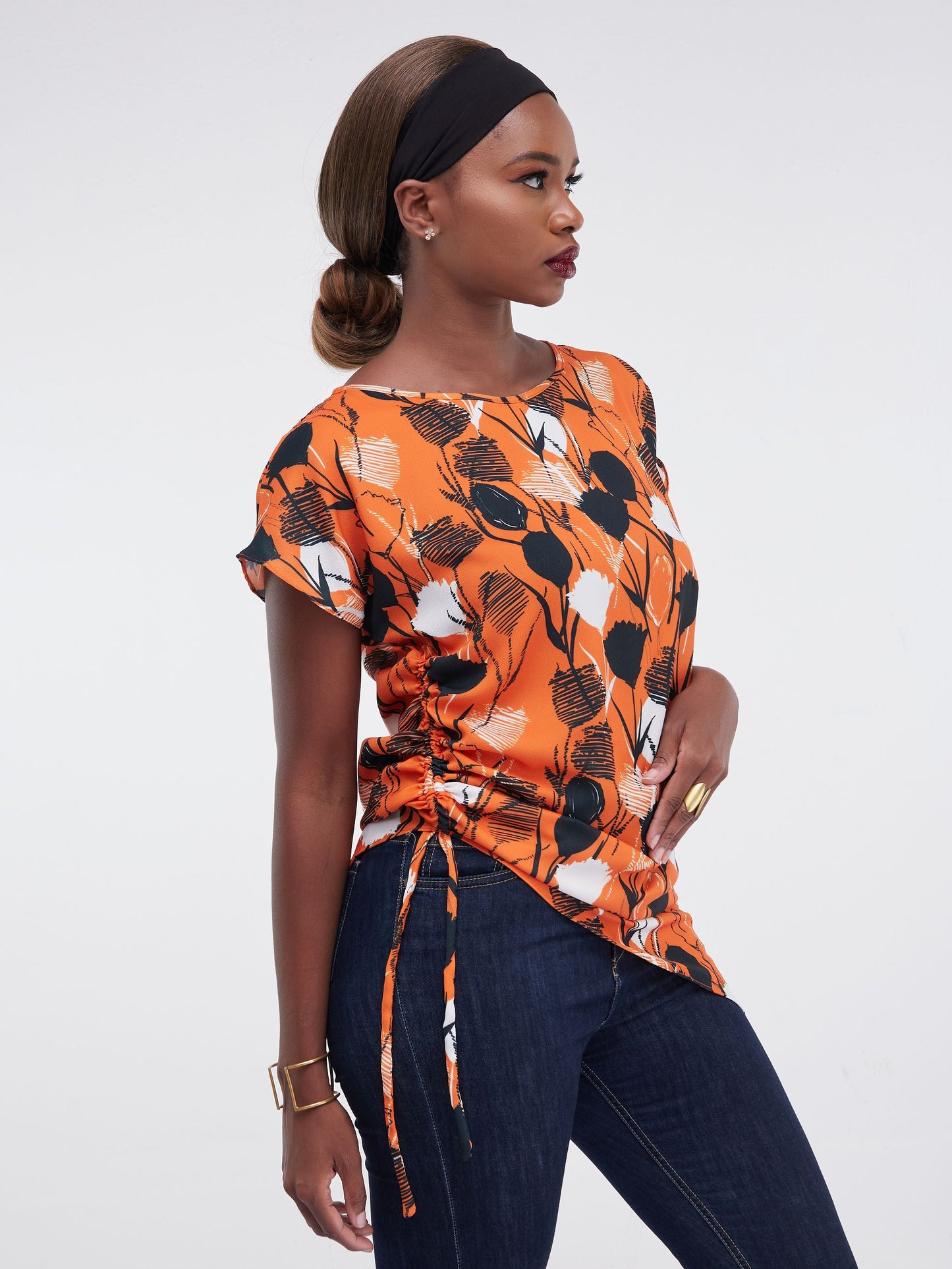 Vivo Lalea Drawstring Top - Orange / Black Print