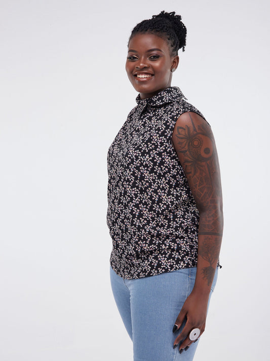 Vivo Lalea Sleeveless Tulip Collar Top - Black Print
