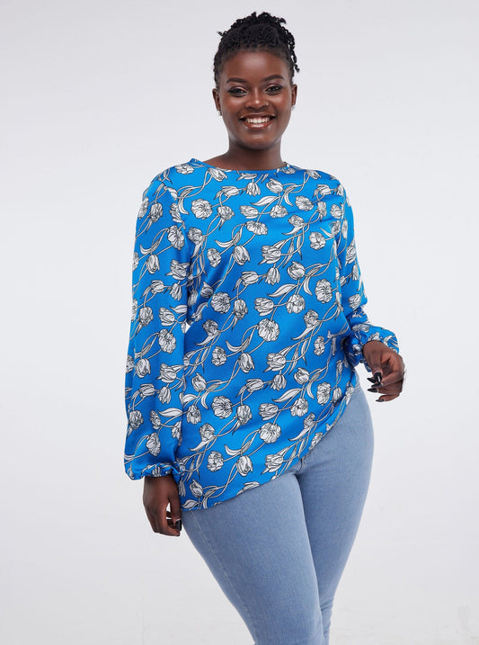 Vivo Lalea Tulip Bishop Sleeve Top - Royal Blue Print