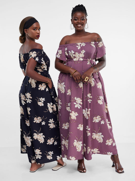 Vivo Dalia Off Shoulder Jumpsuit - Navy Blue Floral Print