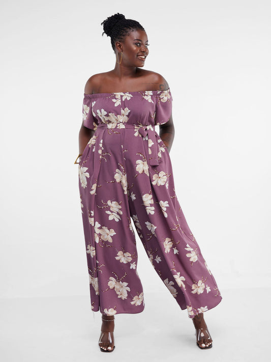 Vivo Dalia Off Shoulder Jumpsuit - Burgundy Floral Print