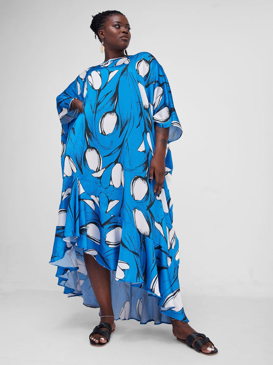 Vivo Lalea Asymetrical Flounce Kaftan Maxi Dress - Royal Blue Print