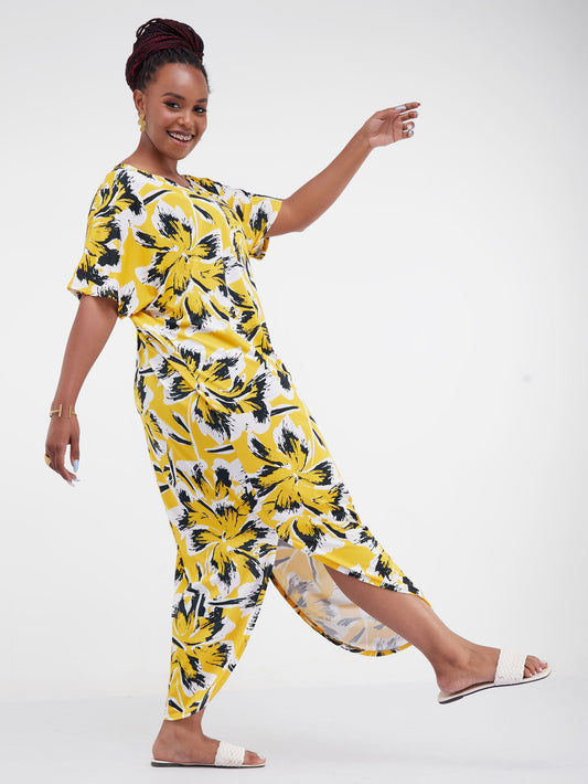 Vivo Lalea Scalloped Tulip Dolman Maxi Top - Yellow / Black Floral Print