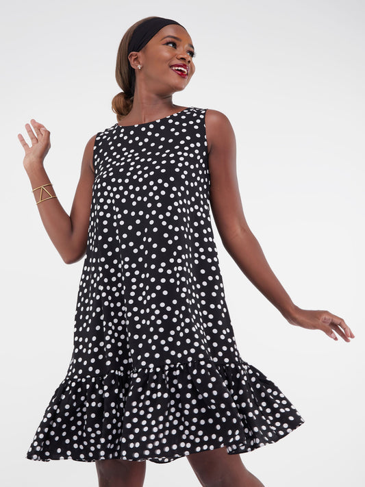 Vivo Dalia Sleeveless Gathered Tent Dress - Black Polka Dot