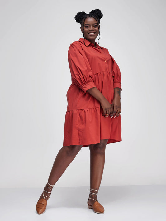 Safari Tawi Shirt Collar Bishop Sleeve Tiered Dress - Rust