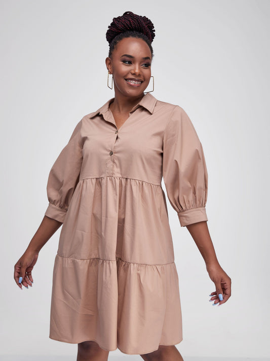 Safari Tawi Shirt Collar Bishop Sleeve Tiered Dress - Taupe