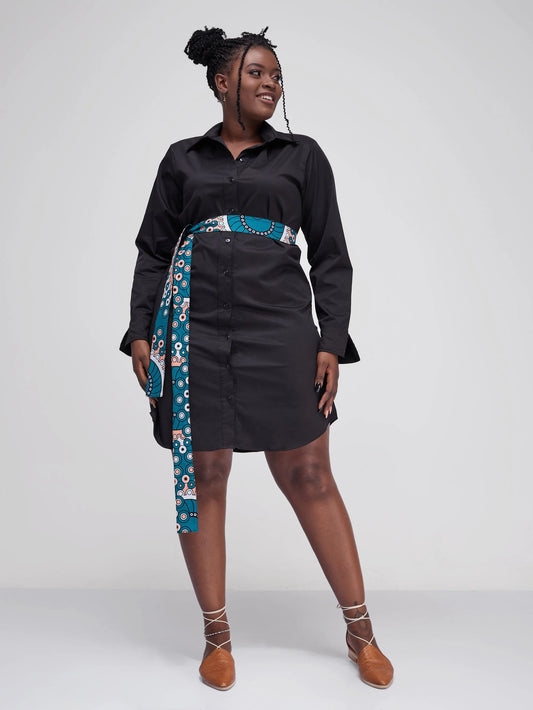 Safari Tawi A-Line Long Sleeve Shirt Dress - Black