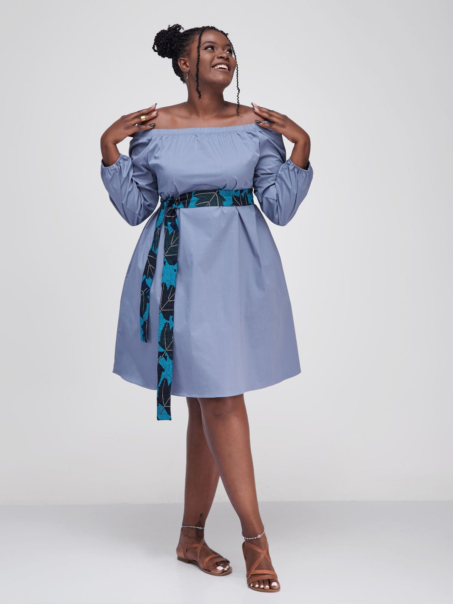 Safari Tawi Off Shoulder Knee Length Dress - Grey