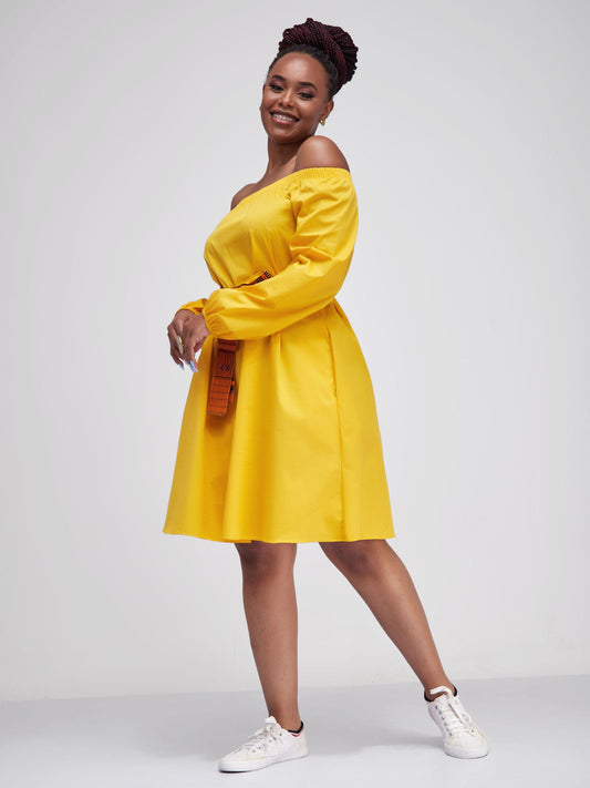 Safari Tawi Off Shoulder Knee Length Dress - Mustard