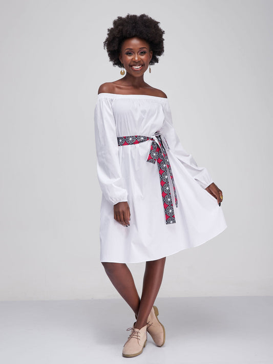Safari Tawi Off Shoulder Knee Length Dress - White