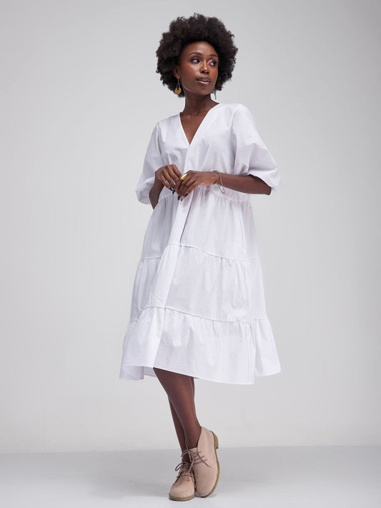 Safari Tawi Bishop Sleeve Tiered Dress - White
