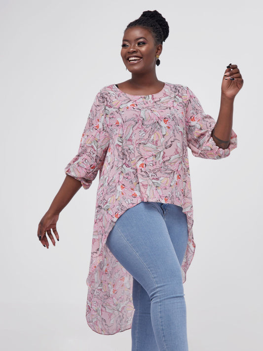 Vivo Basic Nalia High Low Top - Pink / White Floral Print