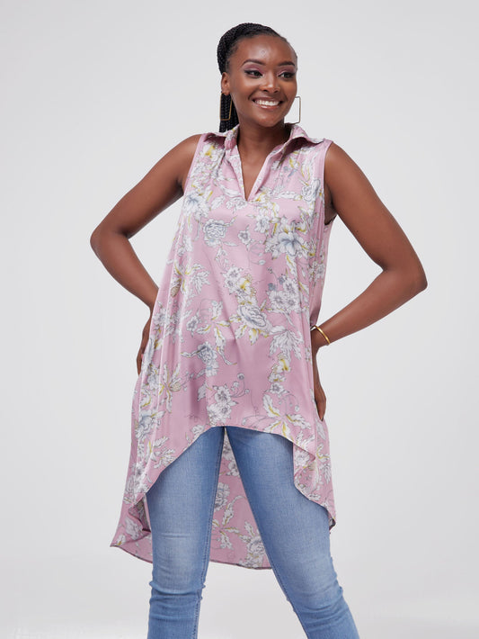 Vivo Zuri Sleeveless Tent High Low Top - Light Pink Floral Print