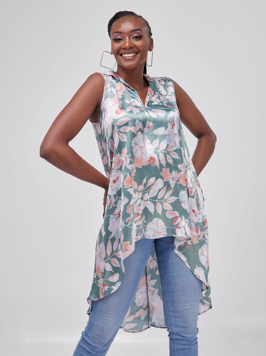 Vivo Zuri Sleeveless Tent High Low Top - Green / Orange Print