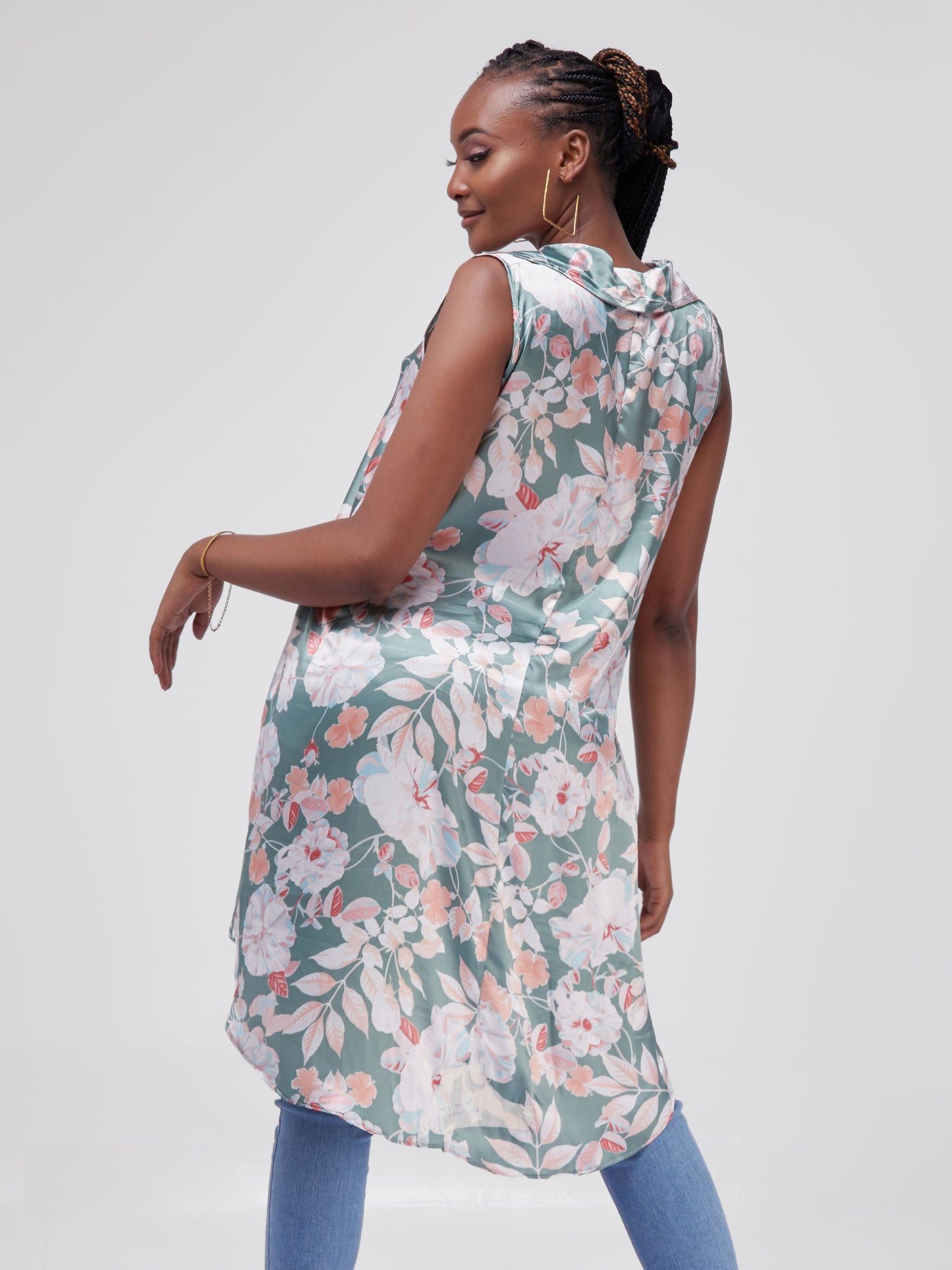 Vivo Zuri Sleeveless Tent High Low Top - Green / Orange Print