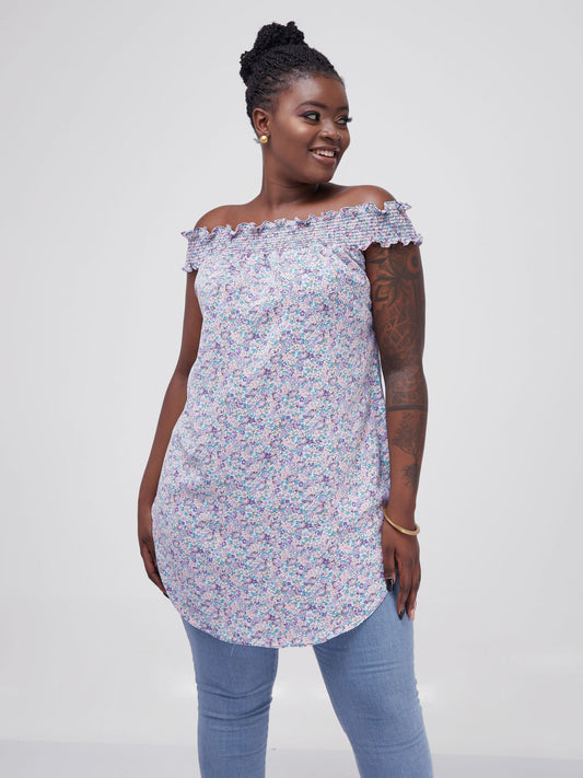 Vivo Alek Off-Shoulder Scalloped Hem Top - Pink / Purple Floral Print
