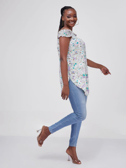 Vivo Alek Off-Shoulder Scalloped Hem Top - Purple / Green Print